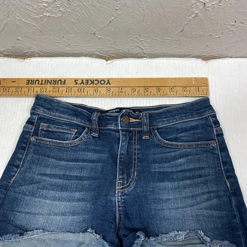 Harper Blue High Rise Cut-Off Hem Dark Wash Zip Fly Boyfriend Shorts‎ Womens 27